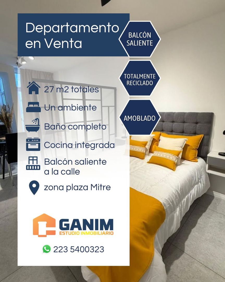 Departamento 1 ambiente al frente con balcon